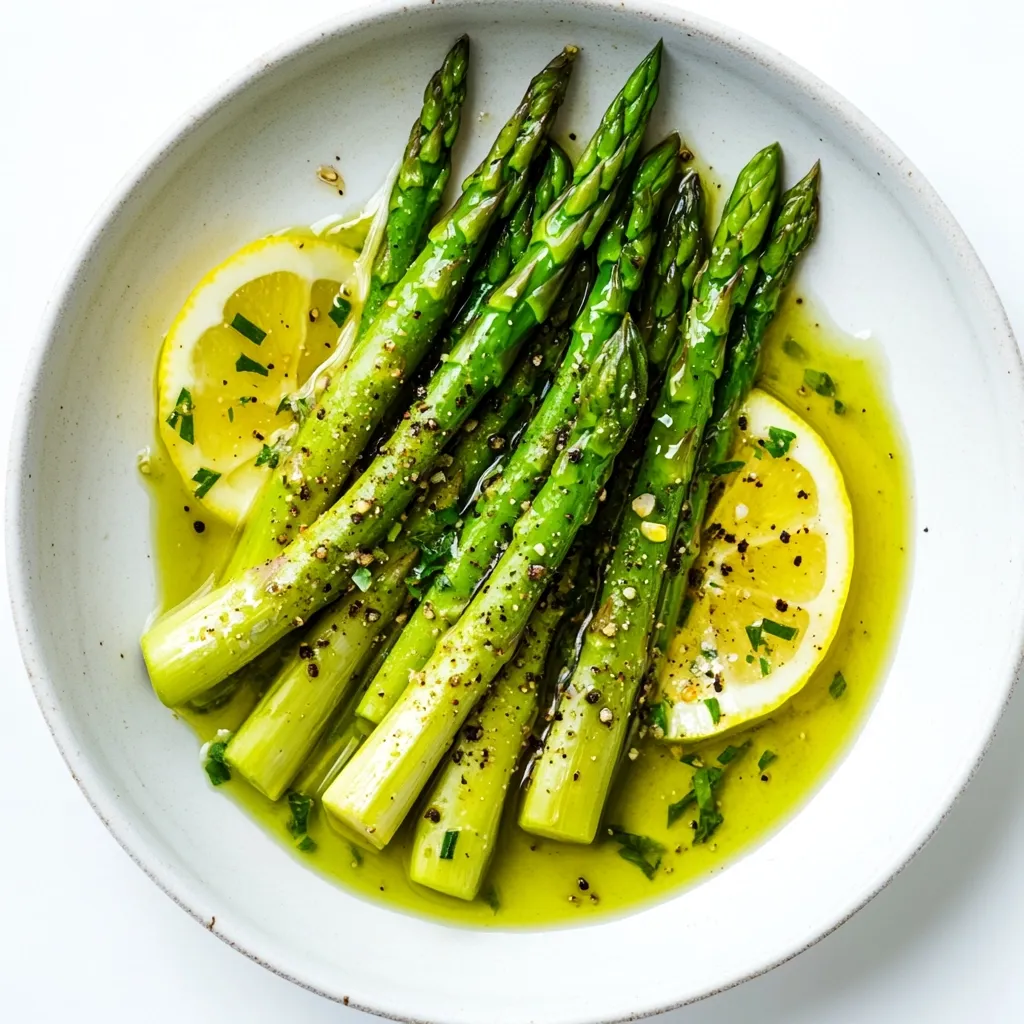 A bowl of vibrant green asparagus spears is drenched in a glistening lemon-herb dressing.  The asparagus is seasoned with black pepper, and slices of lemon are nestled amongst the spears. The dish is presented in a simple, elegant white bowl, creating a visually appealing and healthy-looking meal.