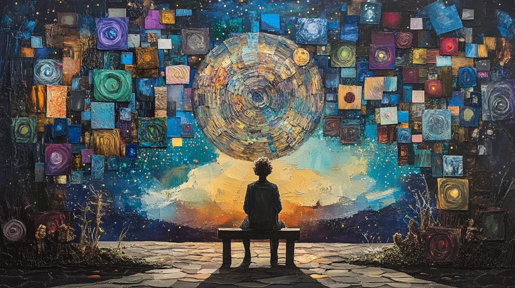 A solitary figure sits on a bench, gazing up at a mesmerizing celestial scene.  Above them, a large, swirling orb is surrounded by a multitude of smaller, colorful squares, each depicting a unique cosmic element. The background is a vibrant blend of blues, purples, and golds, suggesting a vast and wondrous universe. The overall style is impasto, creating texture and depth. The artwork evokes a sense of contemplation and wonder.