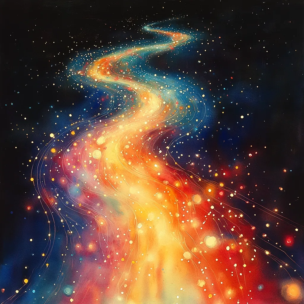 A vibrant, abstract watercolor painting depicts a celestial river of light winding through a dark, star-studded expanse.  The river glows with intense oranges and yellows, transitioning to blues and purples at its edges.  Myriad shimmering specks of light, like distant stars, are scattered across the canvas, enhancing the cosmic atmosphere. The artwork evokes a sense of wonder and movement, suggesting a journey through the cosmos.