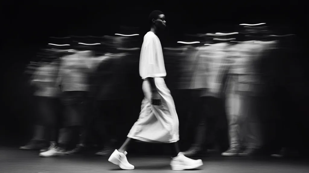 A monochromatic image captures a fashion model walking in the foreground, clad in a flowing white ensemble and platform shoes.  The background is a blur of motion, suggesting a runway or similar setting, with multiple figures in motion creating streaks of light and shadow. The stark contrast and deliberate blur enhance the focus on the central figure and her confident stride.