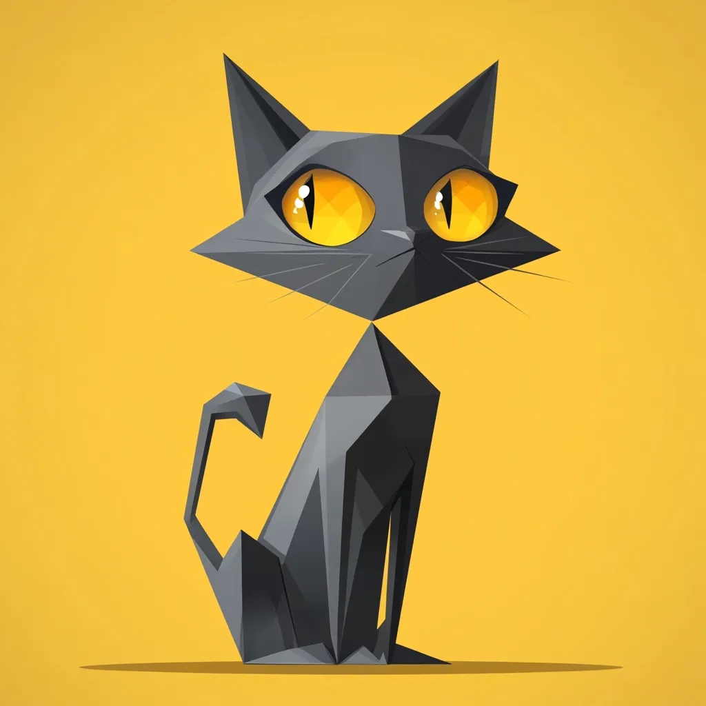 A stylized black cat sits against a yellow background.  Rendered in a low-poly geometric style, the cat has large, bright yellow eyes that contrast sharply with its dark gray form.  Its posture is upright and alert, and the design emphasizes clean lines and angular shapes, creating a modern and graphic aesthetic.