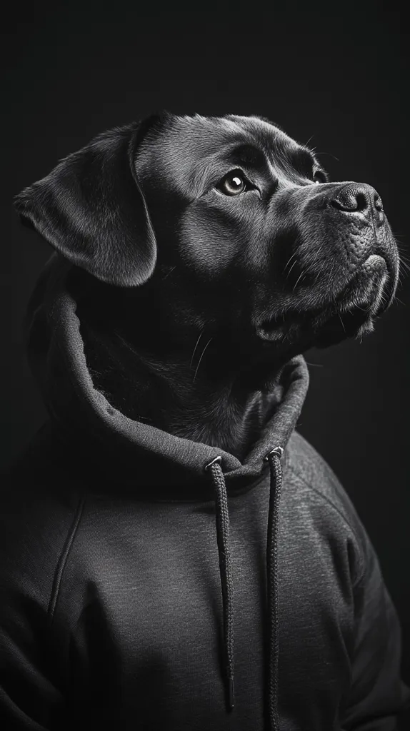 A black and white close-up shot of a black dog wearing a dark gray hoodie. The dog's head is tilted upward, and its eyes are visible. The dog appears to be a Labrador Retriever or similar breed. The image is dramatic and moody, with the dark background contrasting sharply with the dog's fur and the hoodie.  The focus is on the dog's face and the texture of its fur and the hoodie.
