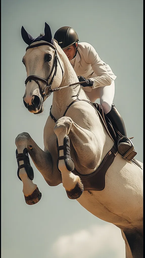 A striking image captures a graceful grey horse mid-leap, its powerful muscles taut.  The rider, clad in a pristine white jacket and helmet, leans forward, their body mirroring the horse's dynamic movement.  The focus is sharp, highlighting the horse's elegant features and the rider's focused expression. The background is a soft, muted sky, drawing attention to the central action.  The overall impression is one of athleticism, precision, and a strong bond between horse and rider.