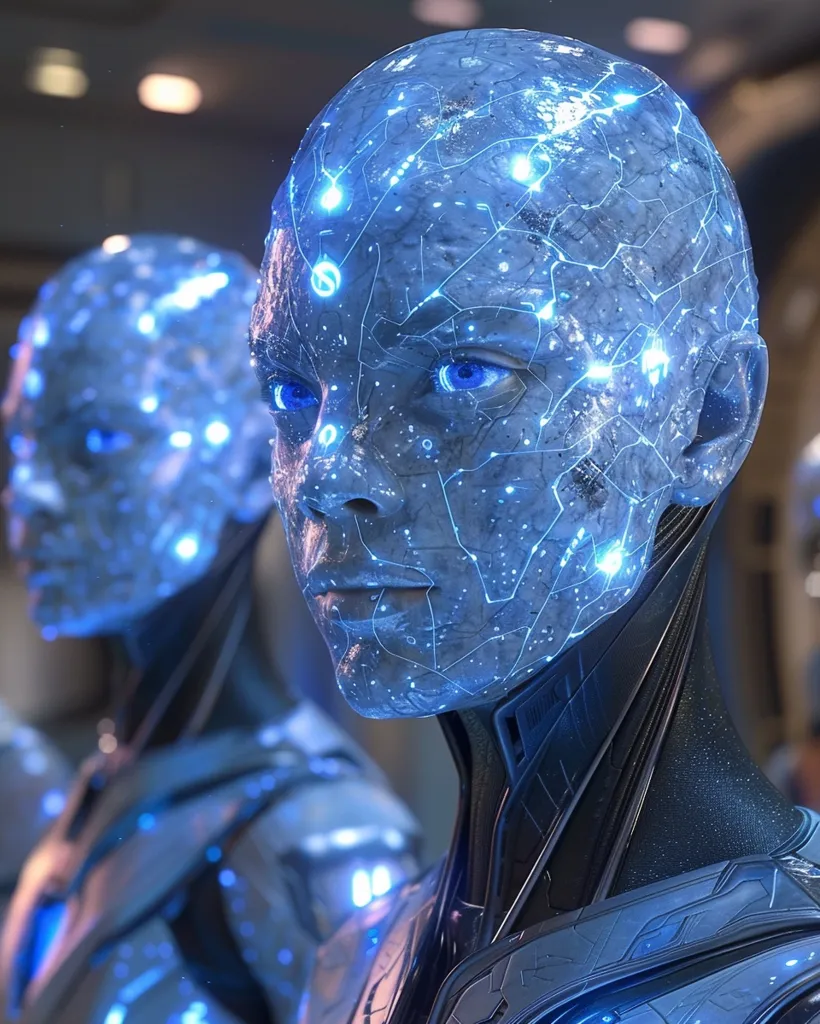 A close-up shot reveals two androids, their faces and necks intricately detailed with glowing blue circuitry.  The androids appear to be female, with smooth skin and striking blue eyes.  Their bodies are clad in sleek, dark grey armor, accented with glowing blue lines mirroring the circuitry on their faces. The background is blurred, suggesting a futuristic setting.  The image evokes a sense of advanced technology and artificial intelligence.