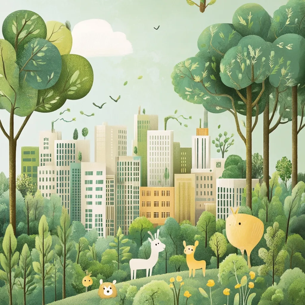 A whimsical illustration depicts a city skyline nestled within a vibrant, lush forest.  Stylized trees and animals, including deer and a bear-like creature, inhabit the foreground.  Buildings rise in the background, suggesting a harmonious coexistence between urban development and nature.  The overall palette is soft and green, evoking a sense of tranquility and environmental balance.