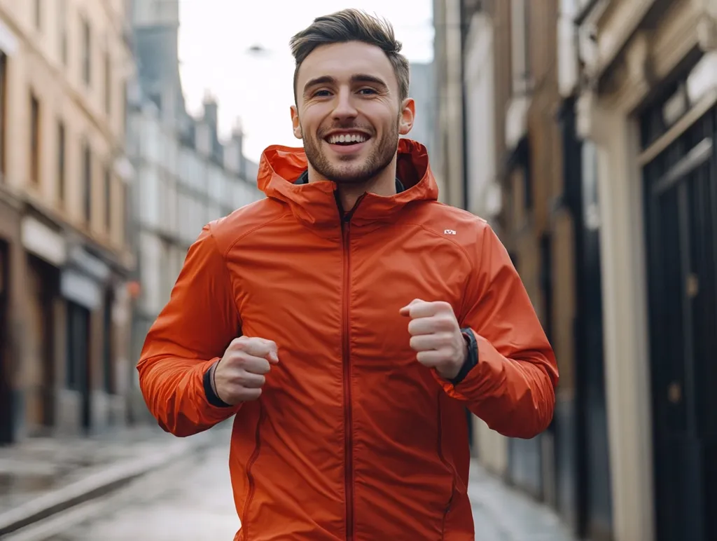 A young man with a broad smile jogs down a city street. He wears a vibrant orange hooded jacket, his fists gently clenched as he runs.  The city background is slightly blurred, focusing attention on the energetic runner. His expression suggests happiness and vitality.