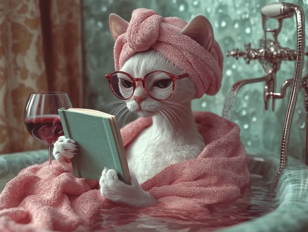 A white cat, wearing glasses and a pink bath turban, relaxes in a clawfoot tub.  Wrapped in a plush pink towel, it holds a teal book and a glass of red wine, enjoying a quiet moment of self-care and reading. The scene is serene and subtly humorous, showcasing the cat's sophisticated demeanor.