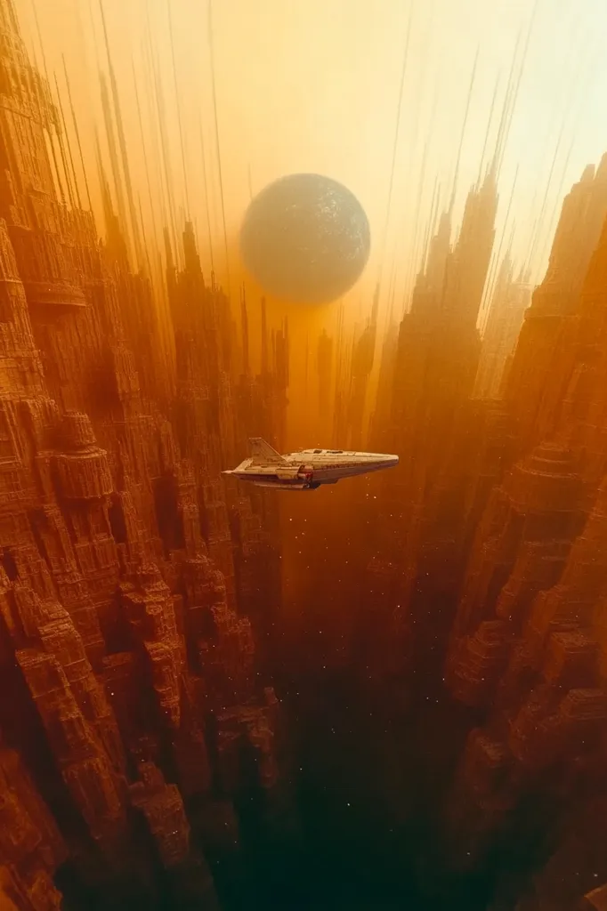 A spacecraft navigates a narrow chasm between towering, rust-colored structures that resemble ancient, decaying skyscrapers.  A hazy, orange atmosphere permeates the scene, obscuring the details of the city and the distant, partially visible planet. The overall impression is one of a desolate, yet strangely beautiful, alien world.