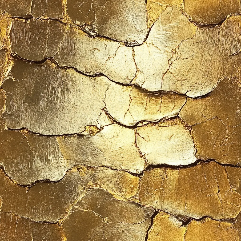A close-up reveals a textured gold surface, resembling cracked or layered earth.  The gold paint or metallic finish has a varied sheen, with some areas appearing more lustrous than others.  The cracks are irregular and create a pattern of fragmented shapes, giving a sense of depth and age. The overall effect is rich, luxurious, and visually striking.