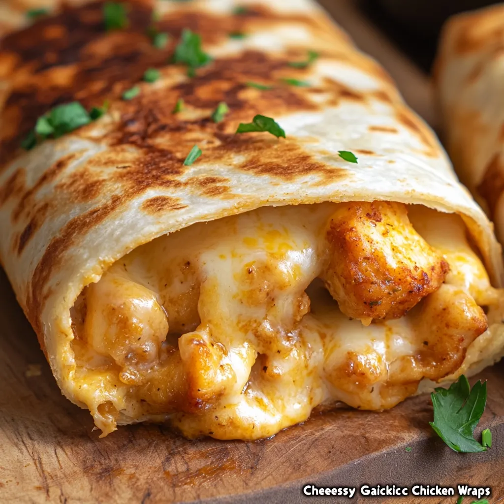 A close-up shot reveals a cheesy garlic chicken wrap, its golden-brown tortilla slightly open to showcase the melted cheese and seasoned chicken filling.  The wrap rests on a wooden board, garnished with fresh parsley.  The image highlights the warm, gooey cheese and the texture of the chicken, creating an appetizing visual. The text "Cheesy Garlic Chicken Wraps" is subtly placed at the bottom.