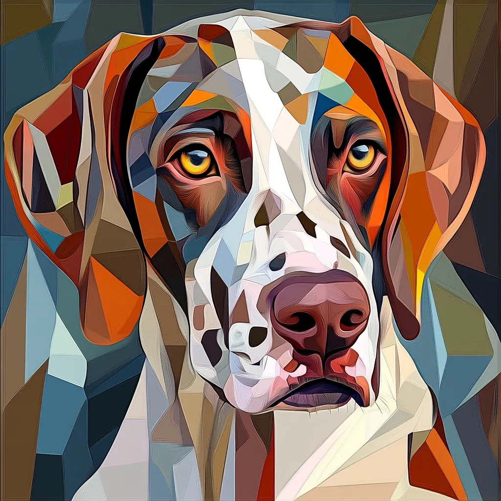 A striking, abstract portrait of a dog, rendered in a vibrant geometric style.  The dog's head and shoulders dominate the composition, with its expressive eyes and distinctive markings highlighted by bold, angular shapes and rich color palettes of oranges, browns, and whites. The artwork features a cubist-inspired approach, creating a modern and stylized representation of canine features.