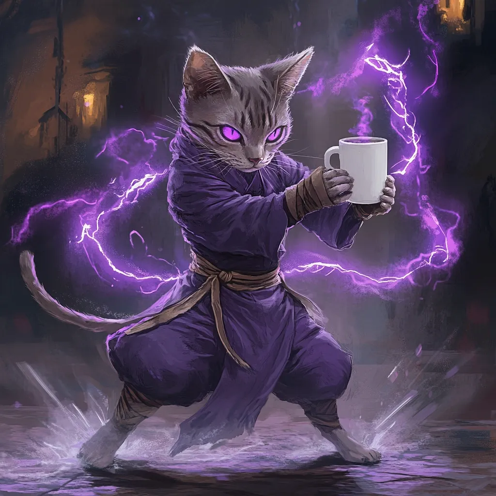 A grey tabby cat, with glowing purple eyes, is depicted as a powerful mage.  Clad in a flowing purple robe and tan wrappings, it holds a white mug, surrounded by crackling purple energy.  The cat stands in a dynamic pose, water splashing around its paws, suggesting a recently executed spell. The dark, atmospheric background enhances the mystical quality of the scene.