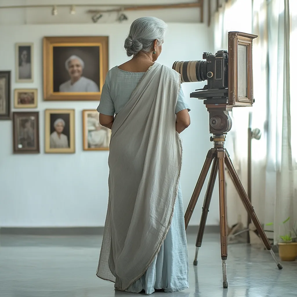 An elderly woman, dressed in a light grey saree, stands facing a wall of framed portraits in an art gallery.  Her back is to the viewer, and she operates a large, antique-style camera mounted on a tripod. The camera is positioned to photograph one of the portraits on the wall.  The scene evokes a sense of history and artistic contemplation.