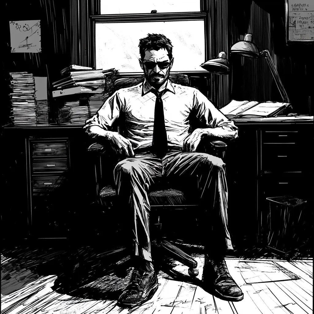 A monochromatic illustration depicts a man in a shirt and tie seated in an office chair.  He has a serious expression, sunglasses perched on his nose. The office is cluttered with files and paperwork, suggesting a busy work environment.  The style is reminiscent of graphic novels or noir art, emphasizing strong lines and stark contrasts. The overall mood is intense and somewhat mysterious.