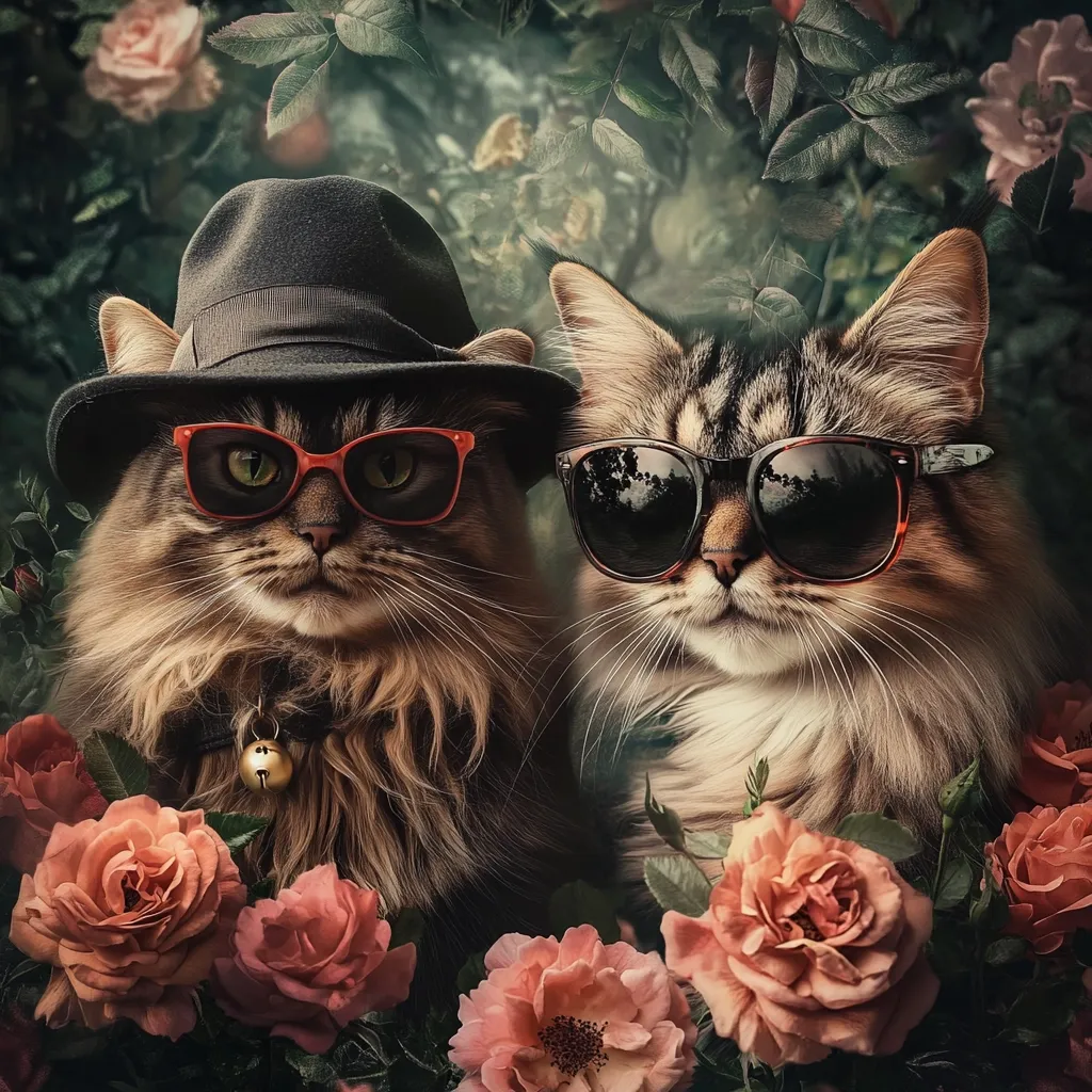 Two long-haired cats, a dapper one in a fedora and red sunglasses, and its stylish companion wearing brown sunglasses, pose amidst a vibrant display of pink roses.  The image has a vintage, almost sepia-toned aesthetic, creating a sophisticated and charming portrait of the feline duo.  The cats appear calm and composed, their expressions adding to the overall elegant feel.