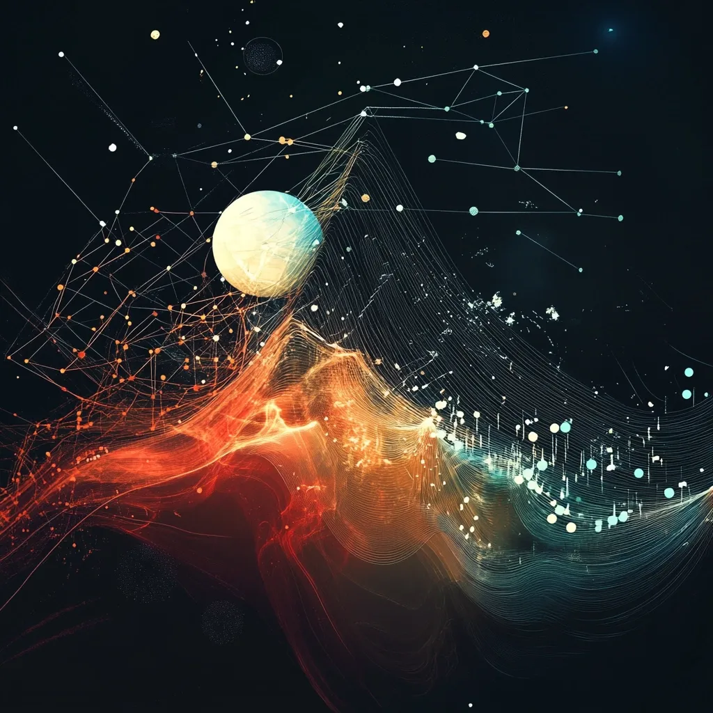 An abstract digital artwork depicts a celestial scene.  A pale orb hangs above swirling, fiery orange and cool teal nebulae.  Intricate, interconnected lines resembling constellations and data streams weave throughout the composition, creating a sense of depth and cosmic energy.  The dark background enhances the vibrant colors and ethereal quality of the image.