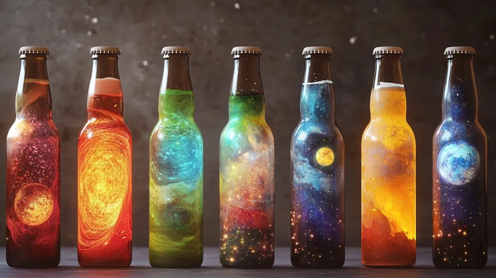 Seven beer bottles are arranged in a row against a dark background. Each bottle is uniquely decorated with a different cosmic scene, featuring nebulae, planets, and stars. The images are vibrant and otherworldly, transforming ordinary beer bottles into captivating pieces of art. The bottles stand in a neat line, showcasing the detailed designs and creating a striking visual effect.