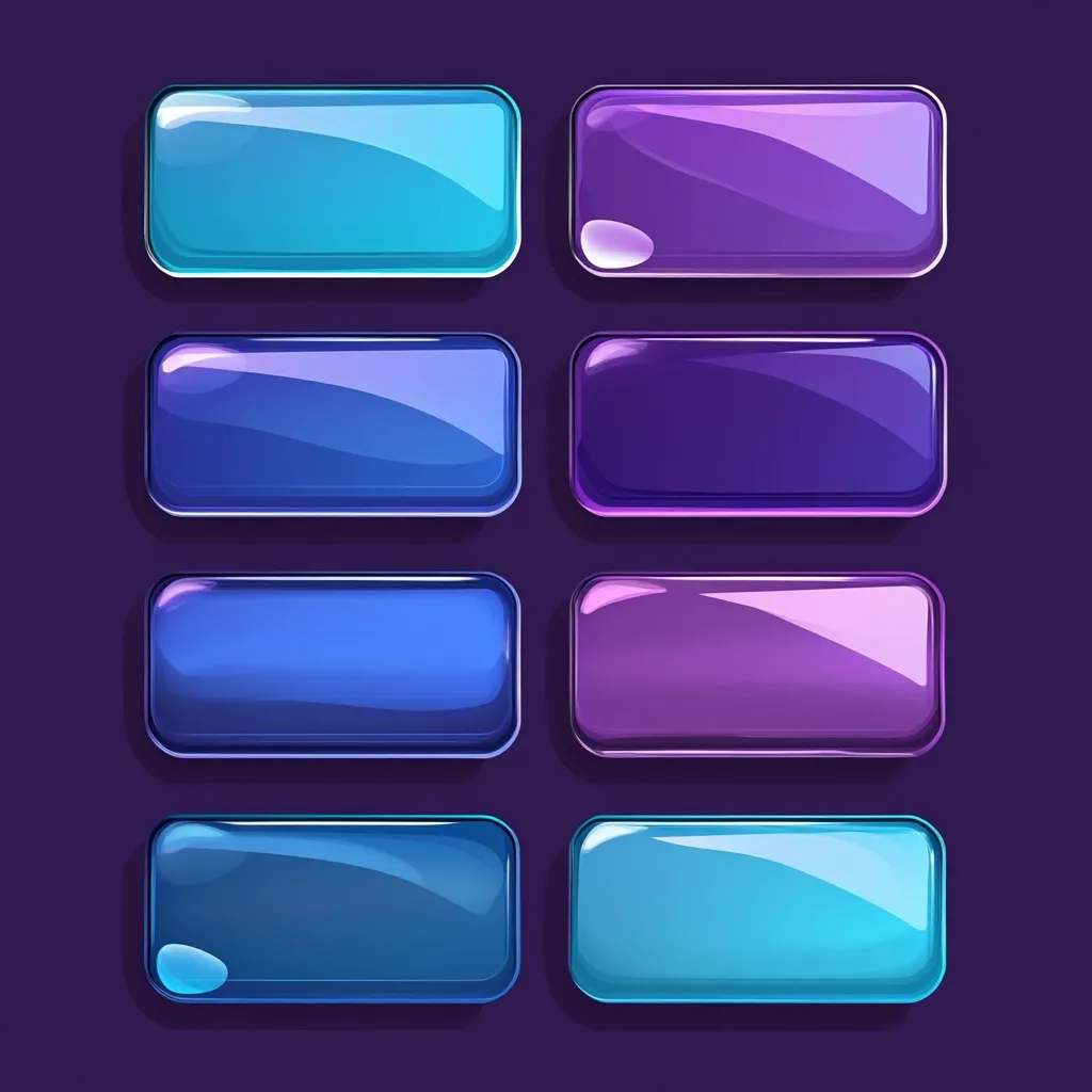 Eight glossy rectangular buttons in varying shades of blue and purple are arranged in a grid pattern against a dark purple background.  The buttons have a smooth, reflective surface, suggesting a digital or interactive element.  They are uniformly sized and shaped, creating a visually appealing and symmetrical composition.  The color scheme is cool and calming.