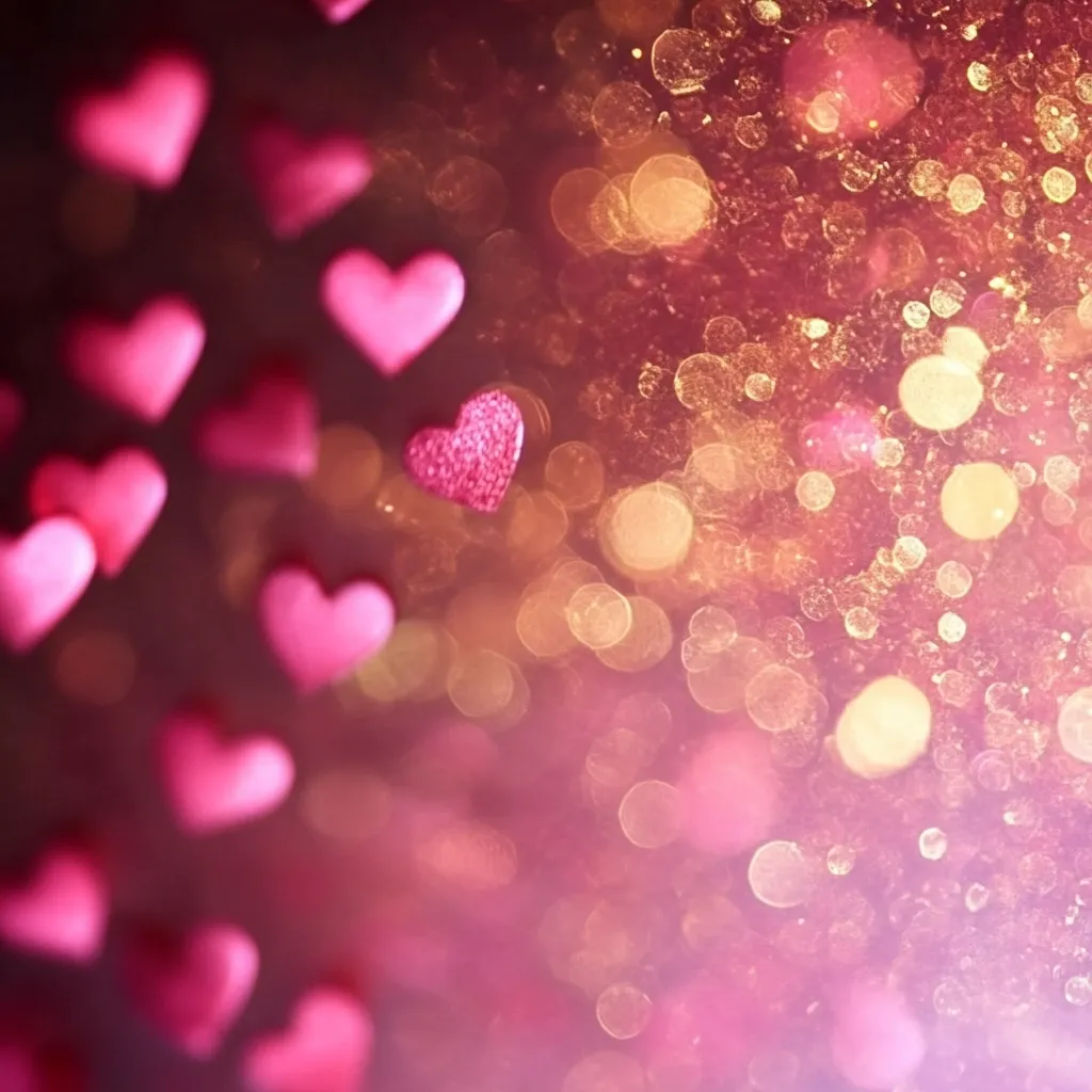 A romantic image featuring numerous small, pink, glittery hearts scattered against a bokeh background. The hearts are out of focus except for a few, creating a dreamy, Valentine's Day-esque atmosphere.  The background is a blend of pink and gold hues, with varying sizes of light circles adding depth and sparkle. The overall effect is one of love, warmth, and celebration.