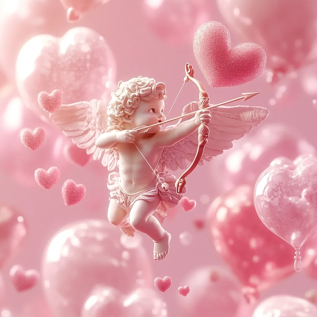A cherubic Cupid, wings spread, aims his bow and arrow at a large, pink, glittering heart.  He's surrounded by a flurry of smaller, heart-shaped balloons and sparkles, creating a whimsical, romantic Valentine's Day scene. The overall palette is soft pink, emphasizing sweetness and love.  The image is digitally rendered, showcasing a polished, dreamy aesthetic.