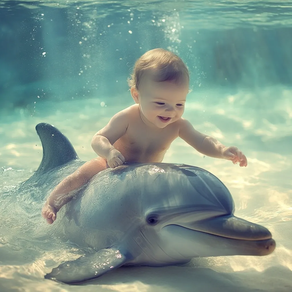 An adorable baby sits atop a friendly dolphin in crystal-clear shallow water.  Sunlight filters through the surface, illuminating the scene. The baby, with a joyful expression, gently holds onto the dolphin's back.  Bubbles rise from beneath, adding to the magical underwater ambiance. The image evokes a sense of wonder and playful interaction between human and animal.