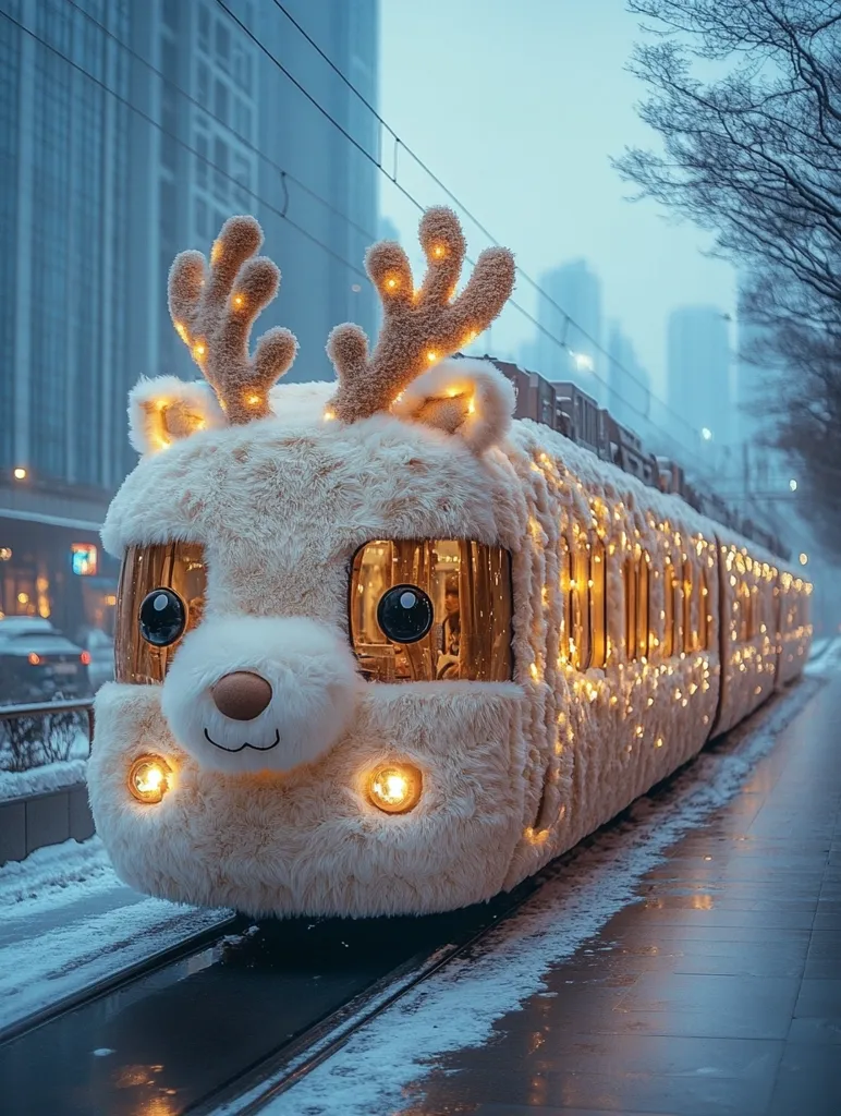 A charming, fluffy reindeer-shaped tram travels through a snowy city.  Adorned with warm, glowing lights, it creates a magical winter scene.  The tram's whimsical design stands out against the backdrop of modern skyscrapers and bare winter trees, evoking a festive and joyful atmosphere.  Snow lightly covers the ground, enhancing the enchanting ambiance.
