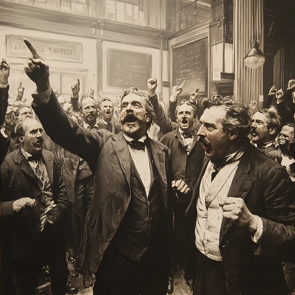 A black and white illustration depicts a lively, crowded scene of men in suits, passionately engaged in a collective outburst.  Two men in the foreground are particularly animated, arms raised in the air, one pointing upwards.  The setting appears to be an indoor hall, possibly a stock exchange or political meeting, suggested by the background's board and the men's formal attire. The atmosphere is one of intense excitement and possibly protest or celebration.
