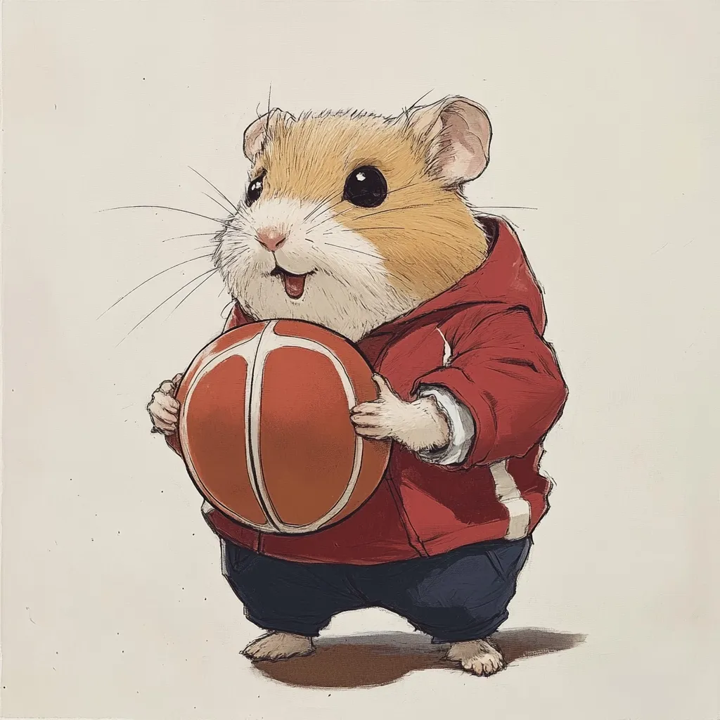 An adorable hamster, depicted in a charming illustration, is shown wearing a red hoodie and dark pants.  The hamster holds a miniature basketball close to its body, its tiny paws gripping the ball. Its expression is cheerful, and its small size contrasts humorously with the oversized basketball.  The style is soft and slightly whimsical.