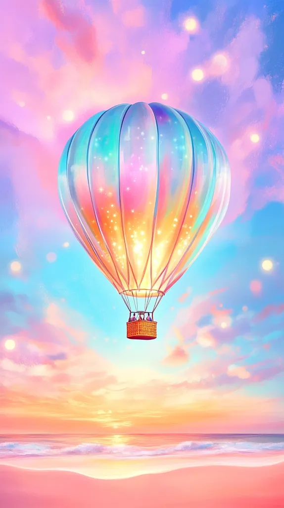 A vibrant hot air balloon, iridescent and glowing, floats serenely against a pastel sky.  The balloon's colors blend seamlessly with the dreamy sunset hues reflecting on a tranquil ocean and pink beach below.  Small, glowing lights speckle the sky, adding to the magical, whimsical atmosphere.  The scene evokes a sense of peace and wonder.