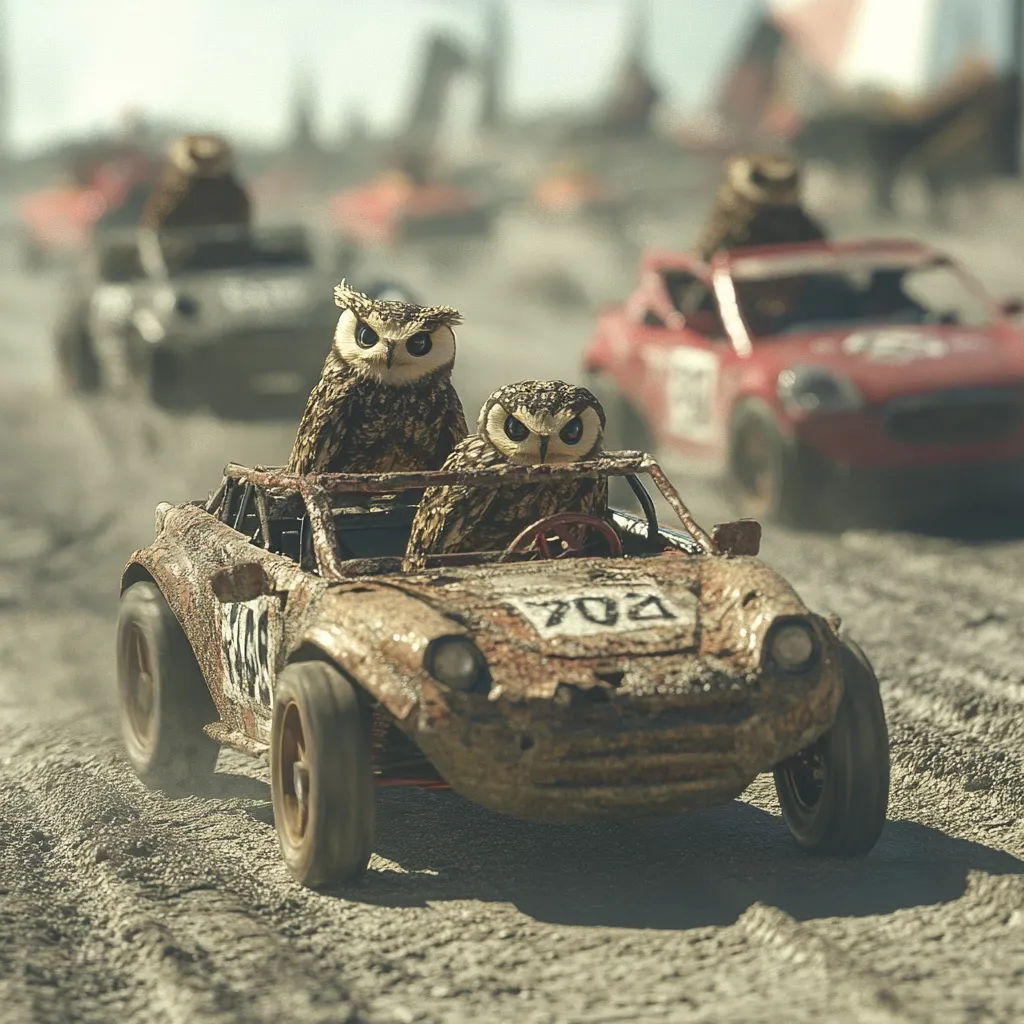Two owls sit in a rusty, miniature off-road buggy, number 704, racing on a sandy track.  Other buggies and drivers, also seemingly animal-piloted, are blurred in the background, suggesting a whimsical race.  The scene is sun-drenched and conveys a sense of adventure and playful competition. The owls appear serious and focused on the race ahead.
