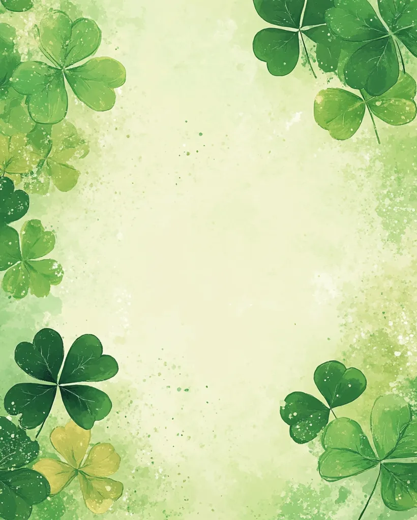 A watercolor-style image features a pale green background with a textured, splatter effect.  Vibrant green shamrocks are artfully arranged along the borders, creating a frame around a central, blank space.  The shamrocks vary slightly in shade and size, adding depth and visual interest. The overall style is delicate and evokes a feeling of springtime or St. Patrick's Day.