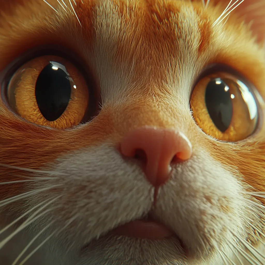 A close-up shot reveals the captivating face of an orange tabby cat.  Its large, luminous amber eyes are wide and expressive, reflecting a curious gaze.  The soft, orange fur is highlighted by subtle white markings around its nose and mouth.  Delicate whiskers extend outward, adding to the feline's charm. The overall image conveys a sense of warmth and gentle inquisitiveness.