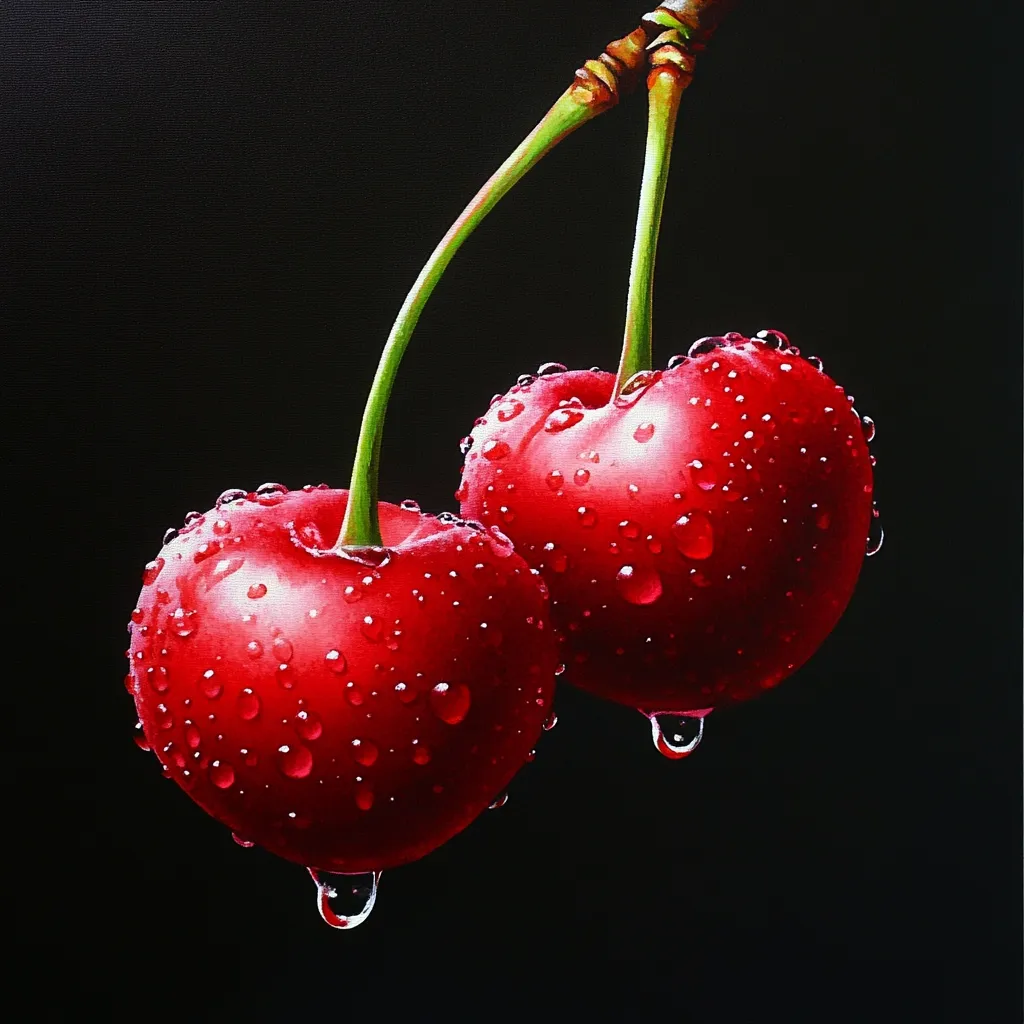 A close-up painting showcases two ripe cherries, glistening with water droplets.  Their deep red color contrasts sharply against a black background.  The stems are attached, and a single drop of water hangs from each cherry, emphasizing their juicy freshness. The hyperrealistic style highlights the texture and sheen of the fruit.