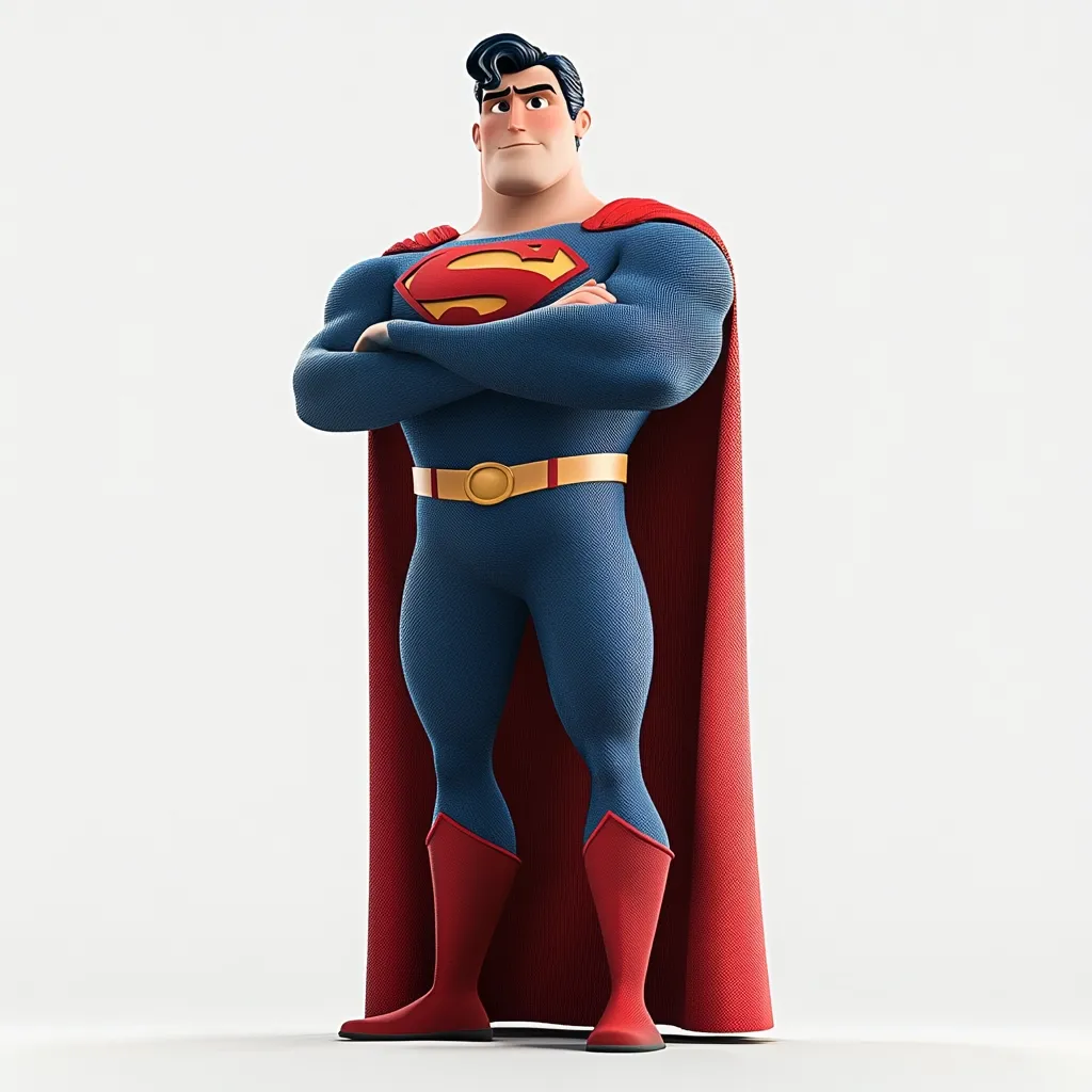 A stylized 3D rendering of Superman stands with arms crossed, showcasing his iconic blue suit, red cape, and the 'S' symbol on his chest.  His expression is serious and confident. The rendering style is smooth and slightly cartoonish, giving him a modern, yet classic superhero look.  He is posed against a plain white background.