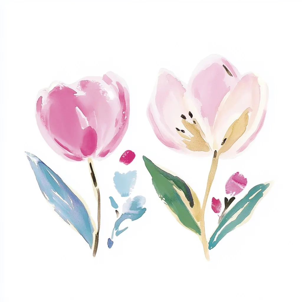 A watercolor painting features two stylized pink tulips.  One tulip is a deeper pink, the other a lighter shade with hints of gold in the center.  Both are rendered with loose, expressive brushstrokes.  Accompanying smaller blossoms and leaves in teal, green, and pink complete the delicate floral arrangement against a white background. The overall style is soft and romantic.