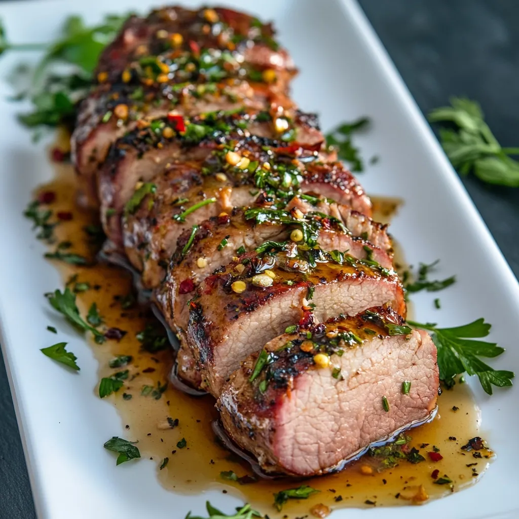 A grilled pork tenderloin is sliced and arranged on a white platter.  The tenderloin is generously coated in a glistening, flavorful sauce studded with herbs and red pepper flakes.  Fresh parsley sprigs garnish the platter, enhancing the presentation of this succulent and appetizing dish. The sauce has a rich, glossy appearance.