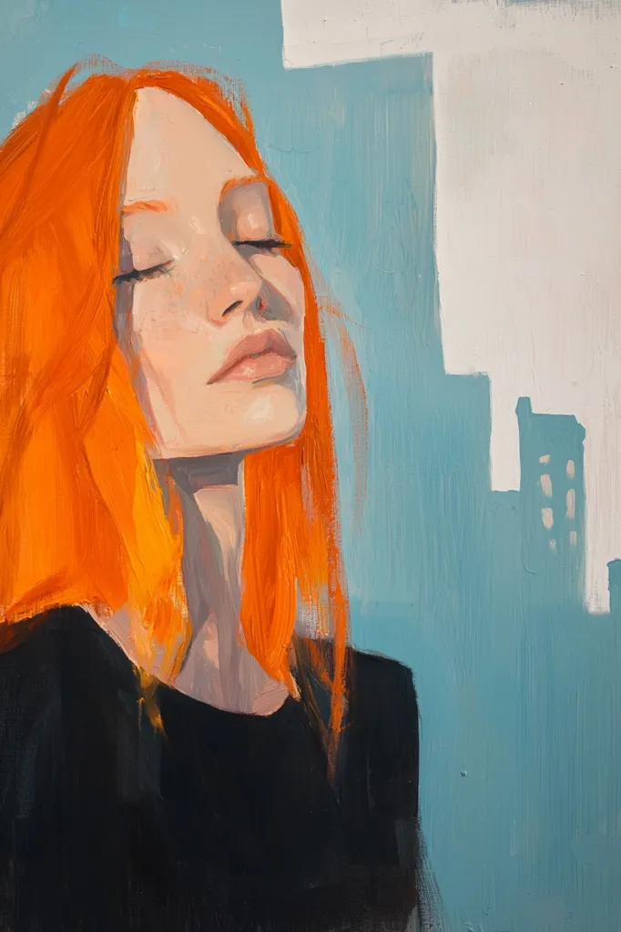 A stylized portrait of a woman with vibrant orange hair, her eyes closed in peaceful repose.  Her freckled face is softly rendered, contrasting with the bold color of her hair.  The background features a teal cityscape, subtly suggesting an urban setting.  The painting's style is expressive, using visible brushstrokes to create texture and depth.