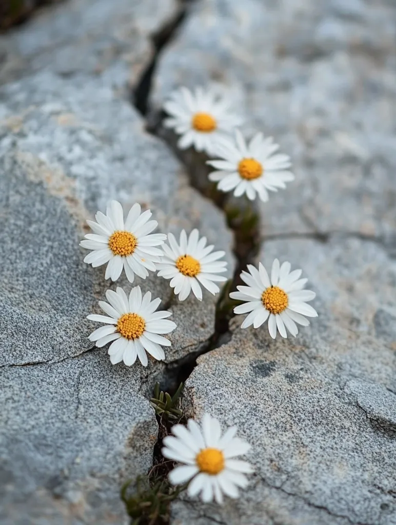 Several delicate white daisies with yellow centers sprout from a crack in a rough, grey stone.  The daisies, varying slightly in size, are clustered along the fissure, a testament to nature's resilience. The contrast between the soft petals and the harsh stone creates a striking visual.  The image evokes a sense of fragility and strength.