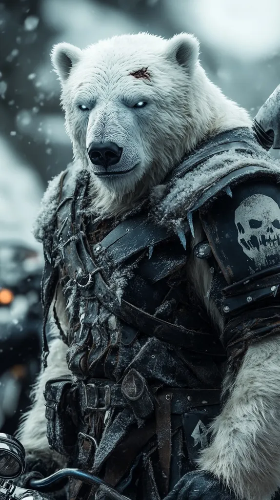 A polar bear, its fur frosted with snow, dons weathered, dark armor adorned with a skull emblem.  A small wound mars its face, adding to its fierce expression.  The bear sits astride a motorcycle, its powerful stance conveying strength and a hint of menace.  The snowy background enhances the overall cold, warrior-like aesthetic.