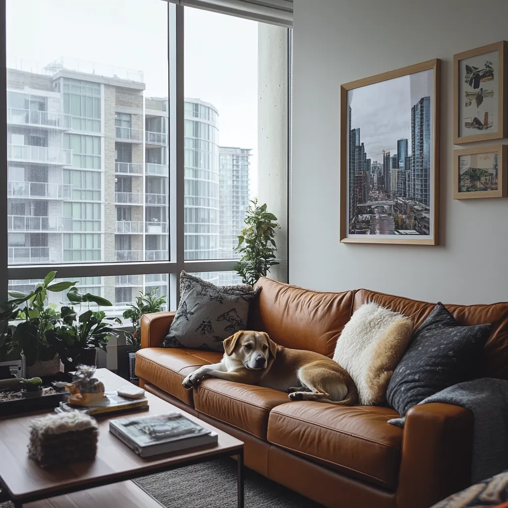 A light brown leather sofa sits in a modern living room, overlooking a cityscape through large windows.  A dog rests comfortably on the sofa, surrounded by throw pillows.  Indoor plants add to the cozy atmosphere.  Framed city and nature prints adorn the walls.  A coffee table holds books and decorative items.  The overall style is minimalist and sophisticated.
