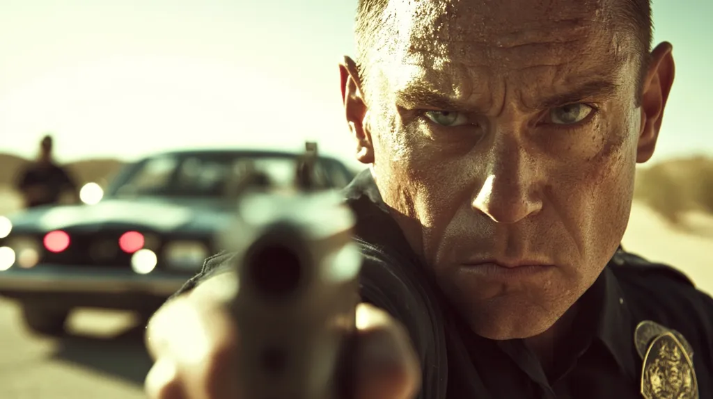 A close-up shot depicts a stern-faced police officer, sweat glistening on his brow, aiming a handgun directly at the viewer.  The background is blurred, showing a vintage car and another officer in the distance, suggesting a tense, possibly high-stakes situation in a desert setting. The overall tone is gritty and dramatic.