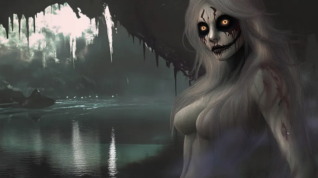 A pale, ghostly woman with long white hair and a terrifying, scarred face emerges from a dark cave.  Her skin is ashen, marked with bloody streaks.  The cave opens onto a still, dark body of water reflecting a dim light. The overall atmosphere is eerie and unsettling, hinting at a supernatural presence.  Her unsettling gaze and macabre appearance create a sense of dread.