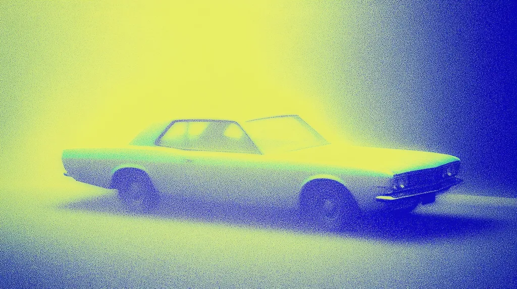 A stylized image of a vintage car, possibly a muscle car, is presented.  The car is depicted in shades of blue and green, with a grainy, almost pointillist texture. The background is a gradient of yellow and blue, creating a hazy, atmospheric effect. The car appears to be in motion, suggesting speed or movement.  The overall aesthetic is retro and somewhat abstract.