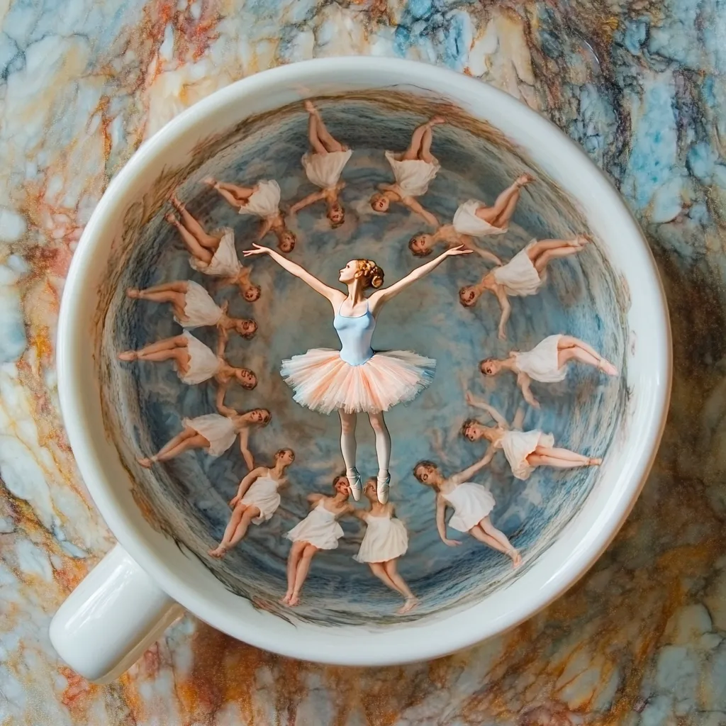 A ballerina in a pale pink tutu is centrally positioned within a teacup.  The cup's interior is depicted as a sky, where miniature ballerina figures encircle the central dancer, creating a mirrored, swirling effect. The teacup rests on a marbled surface, adding to the dreamy, surreal quality of the image.