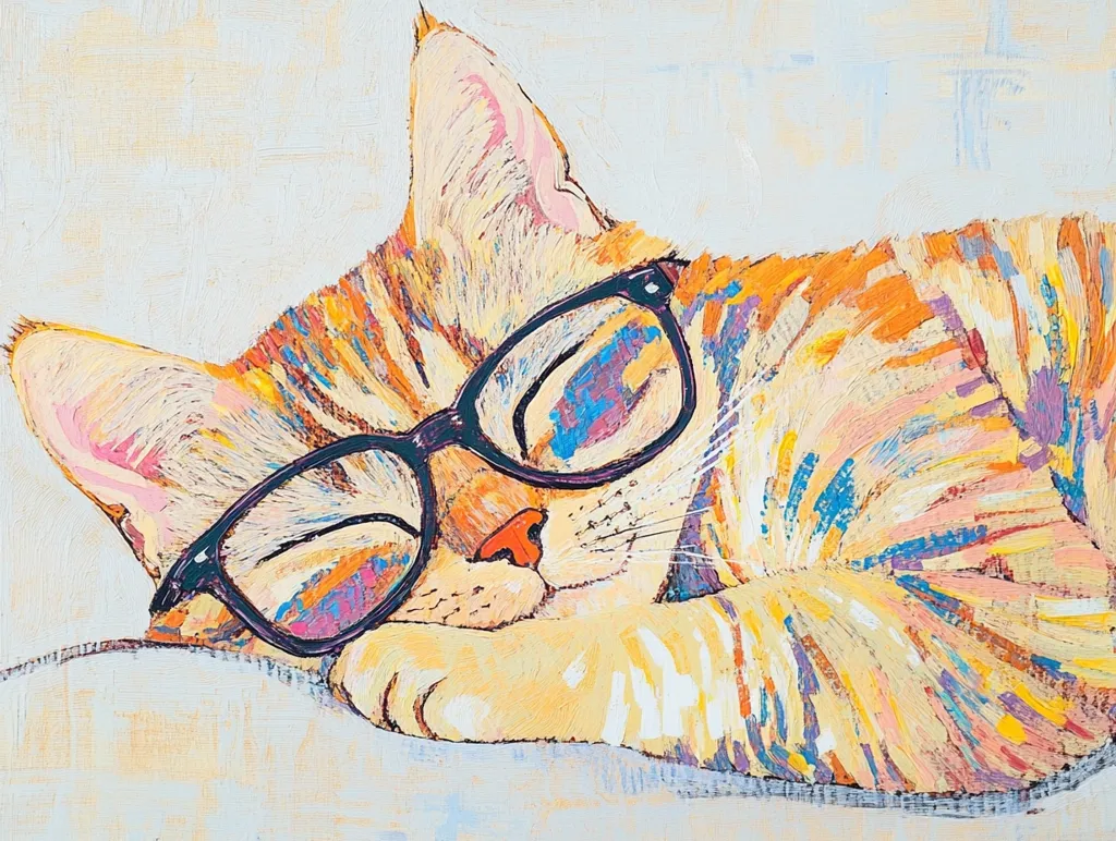 A vibrant, impressionistic painting depicts an orange tabby cat napping.  The cat wears oversized black-framed glasses and is curled up, its fur rendered in expressive strokes of yellow, orange, pink, and blue.  The style is loose and playful, emphasizing texture and color over precise detail. The overall mood is one of peaceful contentment.