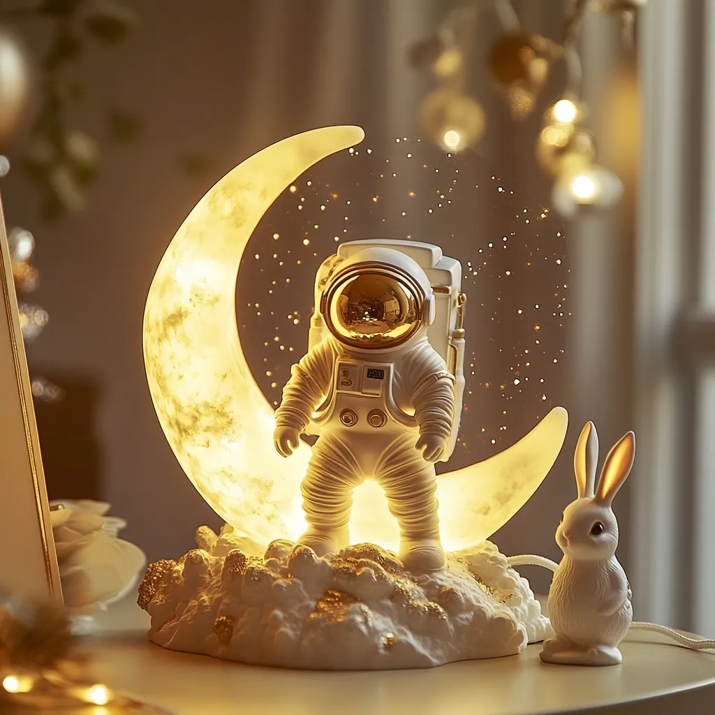 A charming night light features a miniature astronaut standing on a crescent moon, illuminated from within.  The moon base is textured to resemble clouds, adding to the whimsical space theme.  A small white rabbit figurine sits beside the base, completing the enchanting scene. The warm light creates a cozy and dreamy atmosphere, perfect for a child's room or any space needing a touch of magic.