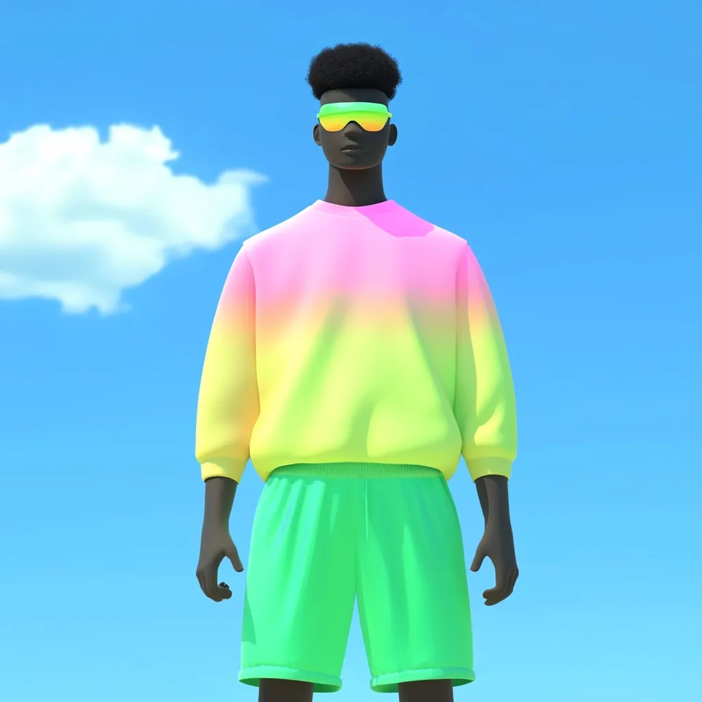 A 3D-rendered image showcases a stylized, dark-skinned male figure. He's dressed in vibrant, gradient clothing; a pastel pink and yellow sweatshirt transitions seamlessly into bright green shorts.  The figure sports futuristic, yellow-tinted visor sunglasses. The backdrop features a clear blue sky and a single fluffy white cloud, enhancing the overall cheerful and modern aesthetic.