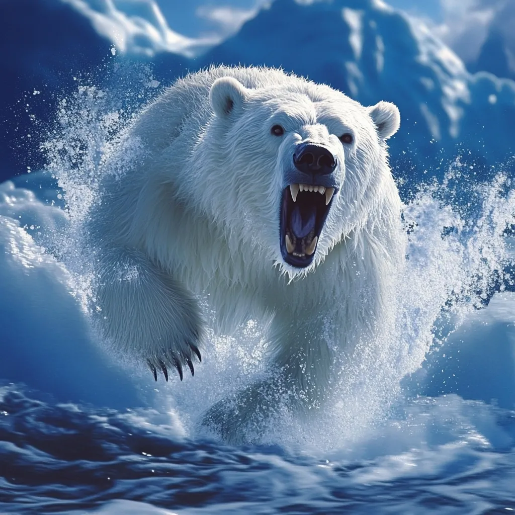 A majestic polar bear charges through icy water, its powerful jaws agape in a ferocious roar.  The bear's white fur contrasts sharply with the deep blue water and the background of towering icebergs.  Water splashes dramatically around the bear as it powerfully moves through its arctic habitat. The image evokes a sense of raw power and the untamed beauty of the Arctic wilderness.