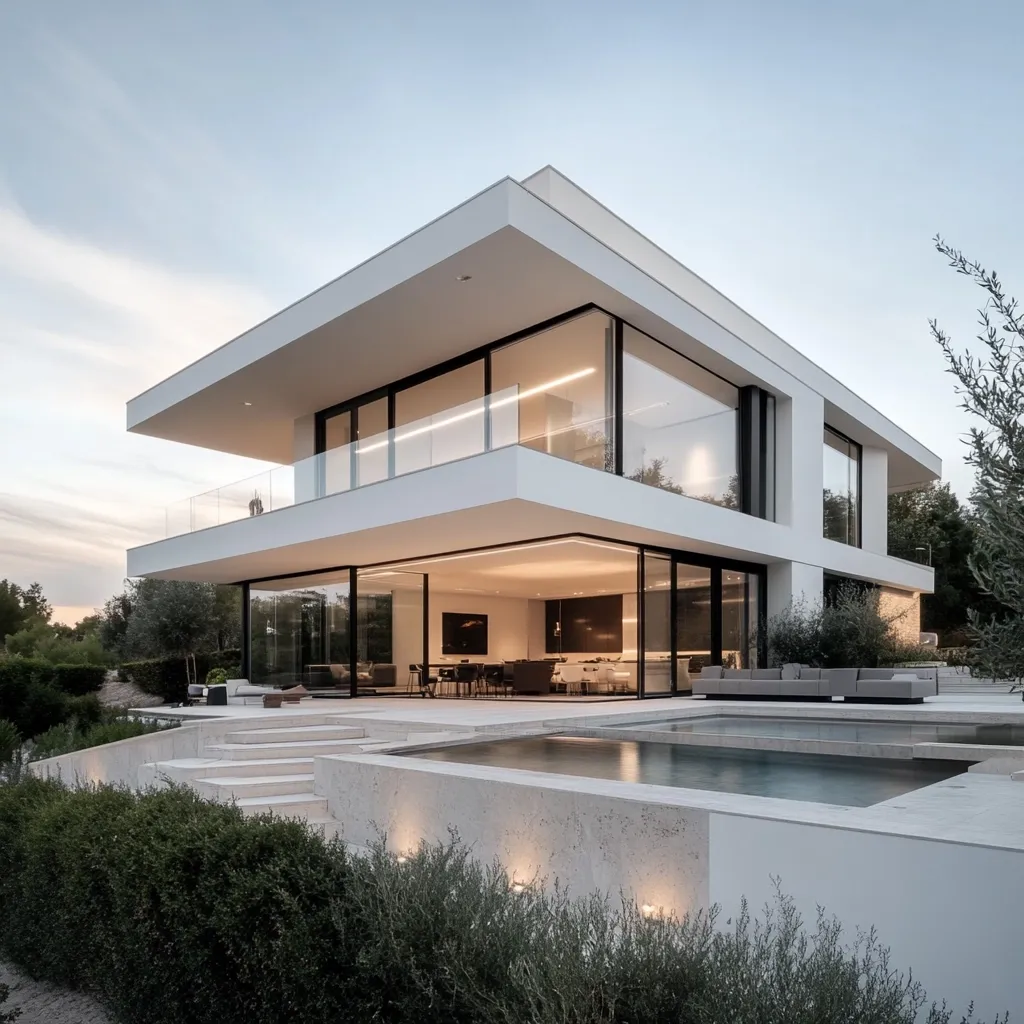 A modern, two-story white house with expansive glass windows and a minimalist design sits on a landscaped hillside.  The house features a sleek, rectangular shape, an infinity pool, and a staircase leading down to the pool area.  The interior is visible through the large windows, showcasing a bright, open-plan living space.  Landscaped greenery surrounds the property, creating a serene and luxurious atmosphere.