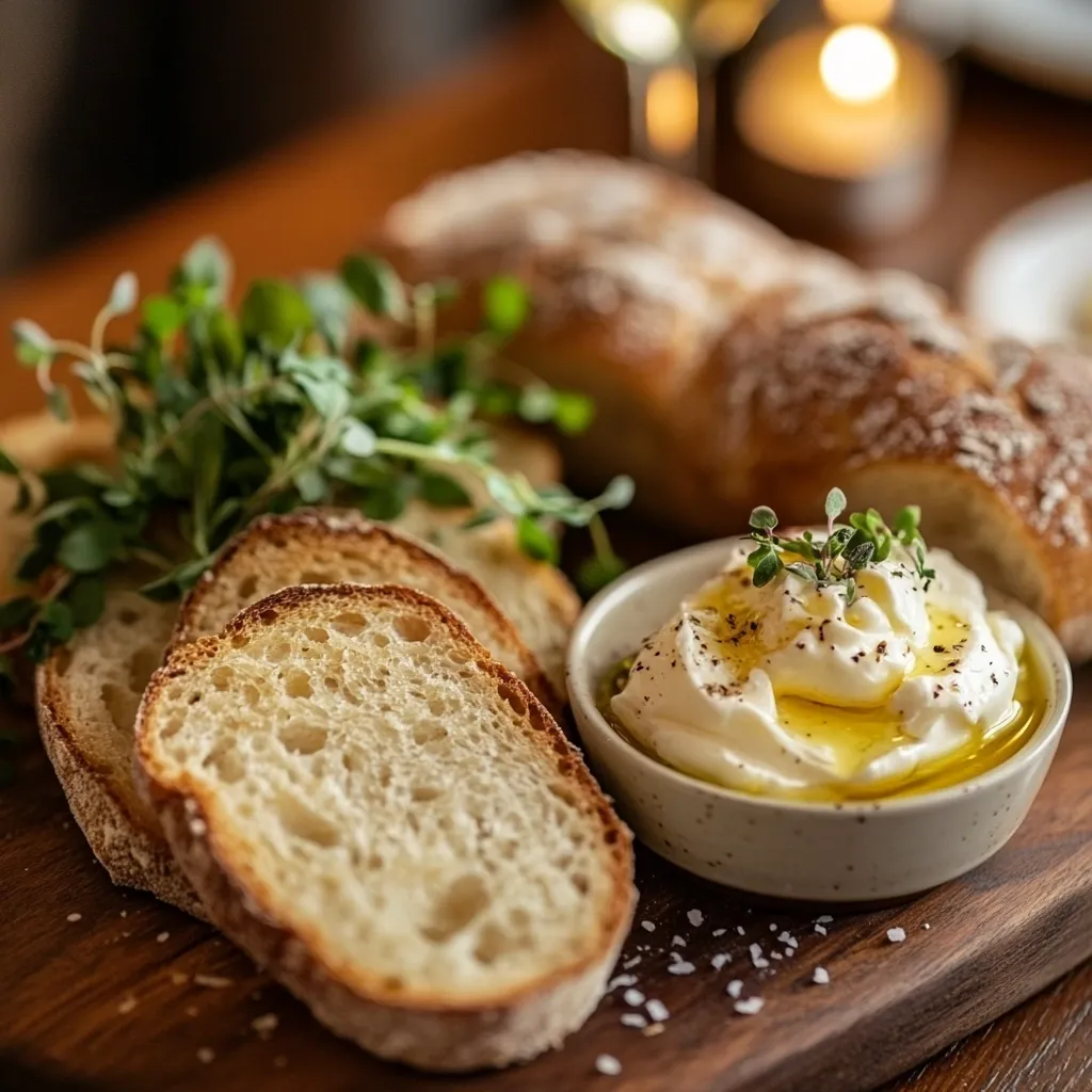 A rustic wooden board holds slices of crusty bread, a bowl of creamy dip drizzled with olive oil and sprinkled with herbs, and a whole loaf of bread in the background.  Fresh thyme sprigs add a touch of green. The scene is dimly lit, creating a warm and inviting atmosphere. Salt grains are scattered on the board, suggesting a simple yet delicious meal.